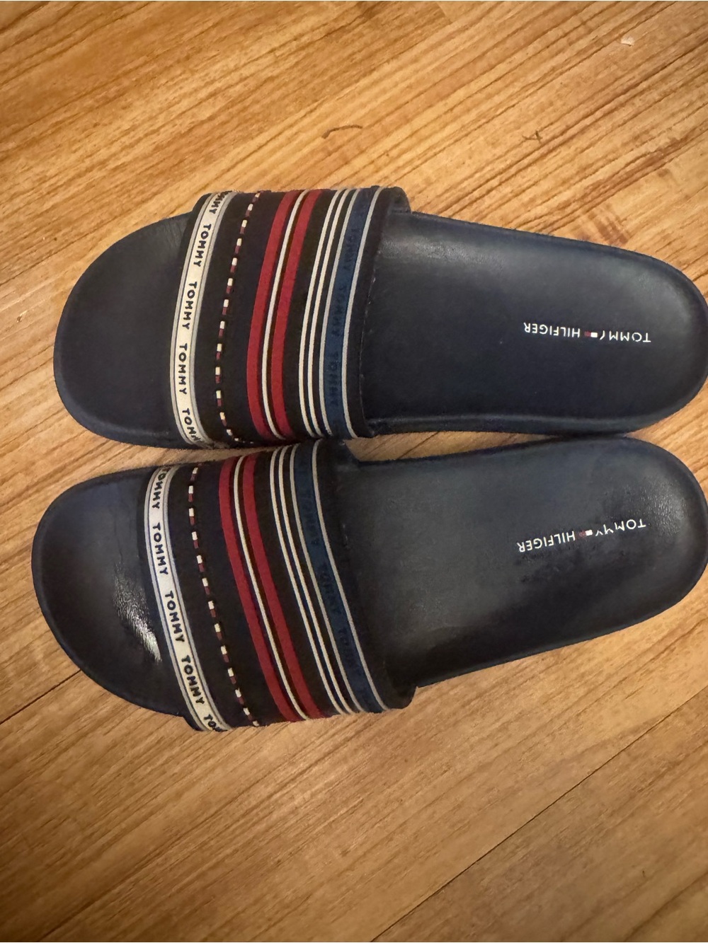 Tommy Hilfiger Navy Slide Sandals with Red & White Stripe Detail